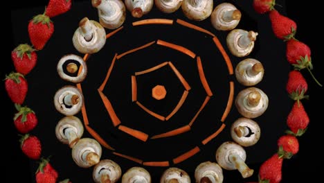 alimentación saludable fondo animado con fresas fresas, zanahorias y setas. diversión stop motion animación con bonito diseño obras de arte hechas a partir de las verduras