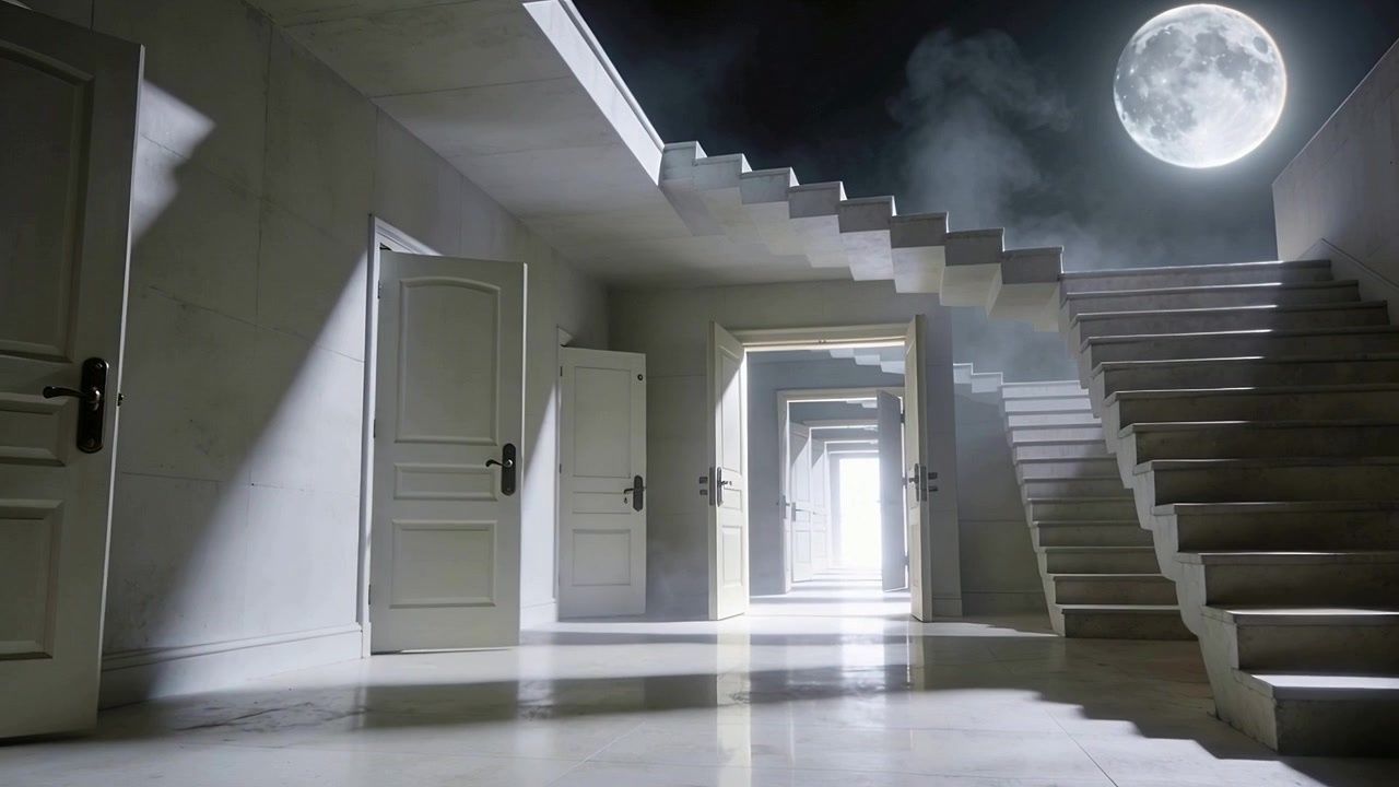 Luce crescente in fondo che fa aprire porte a pannelli in un corridoio bianco, mostrando un'uscita, luna piena