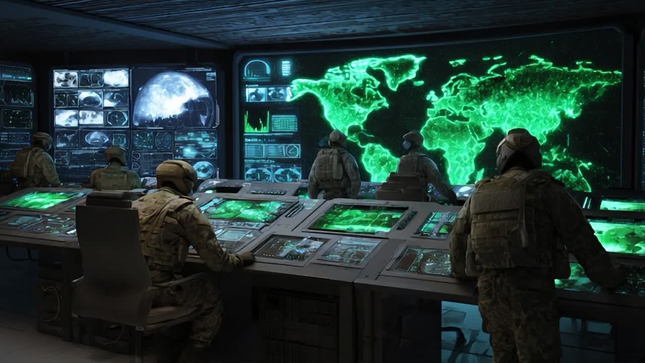Soldiers monitoring global operations in a high-tech command center