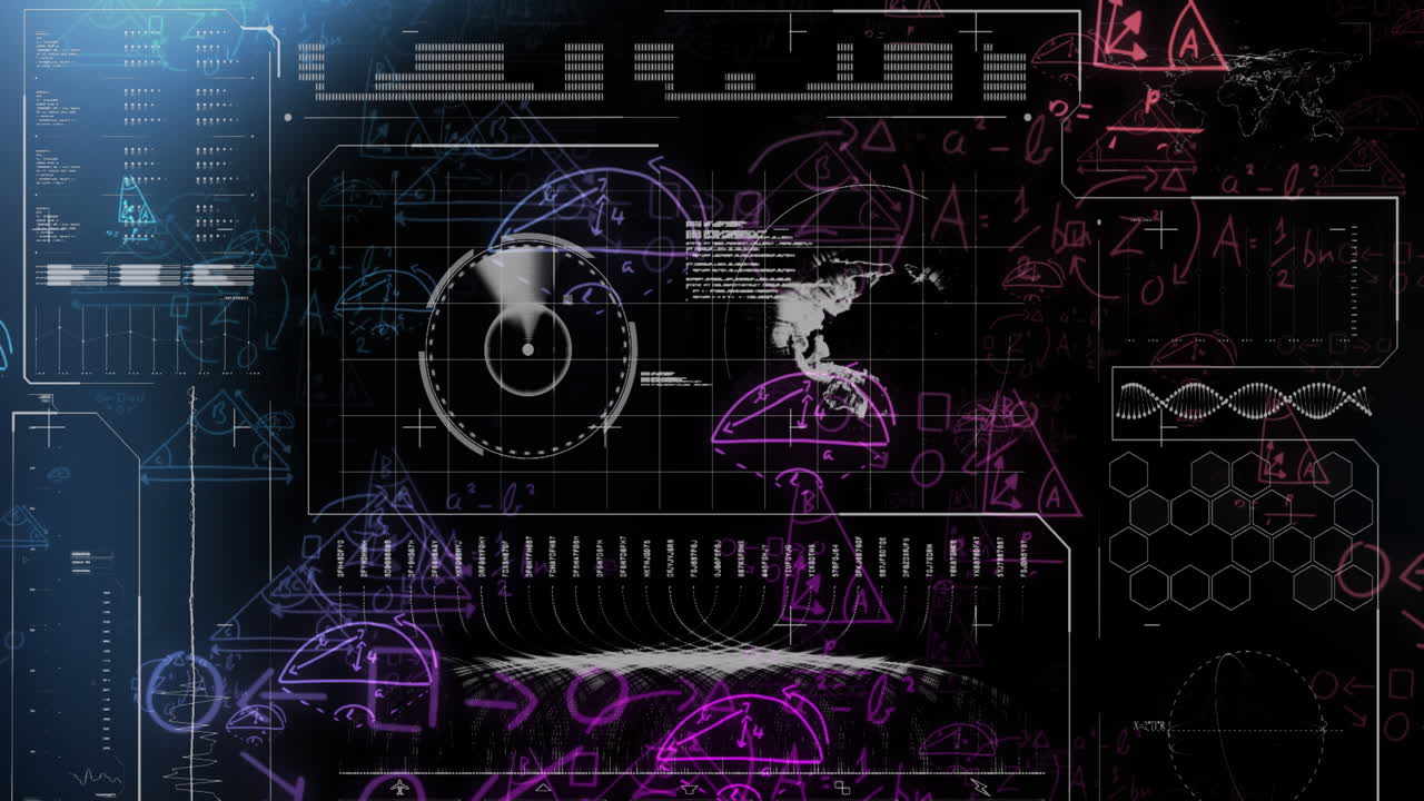 Animation of mathematical equations over data processing on black background