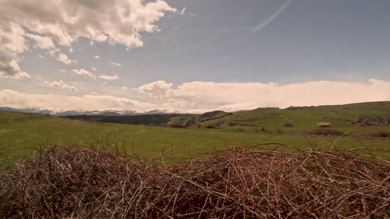 On peut voir une vaste prairie avec des champs verts et des collines sous un ciel clair. Le soleil brille intensément, créant une scène extérieure vibrante en pleine nature.