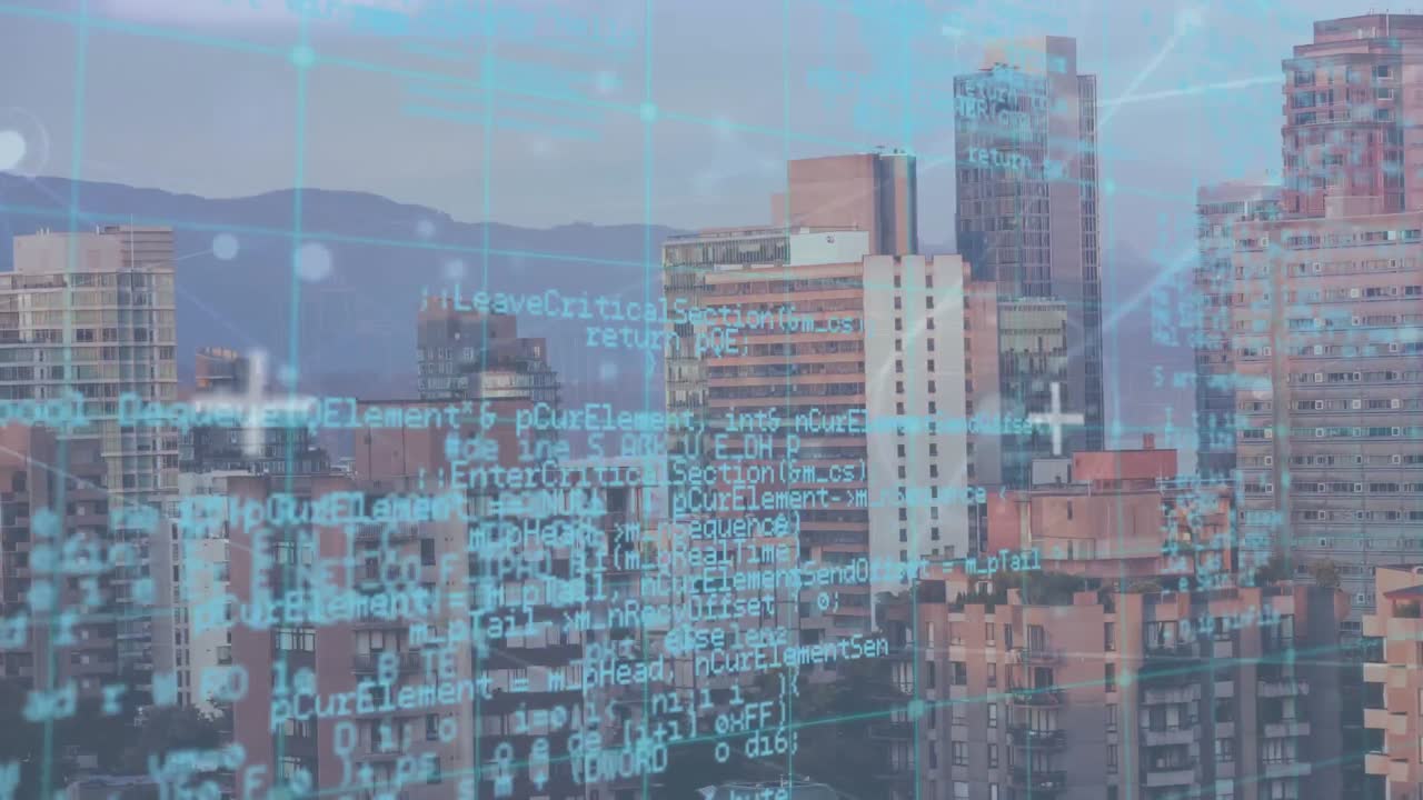 animación de la red de conexiones y procesamiento de datos sobre el paisaje urbano