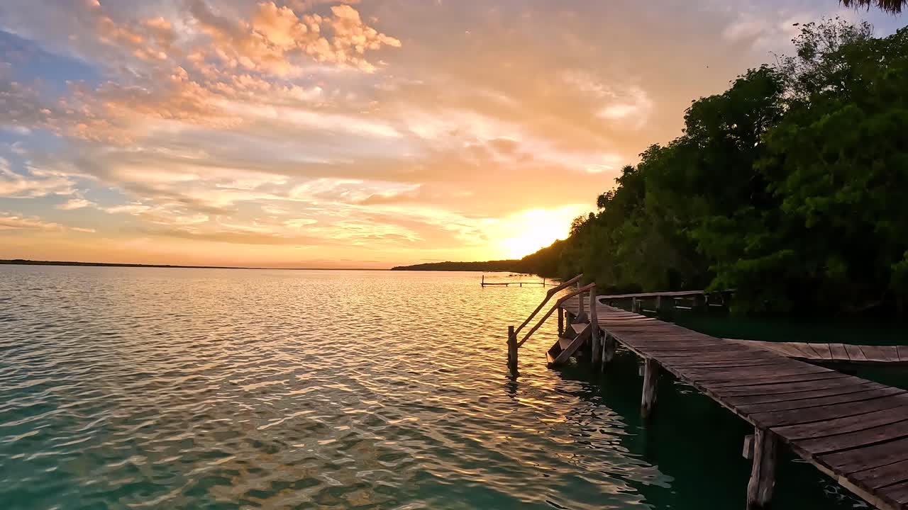 Picturesque Mexico Sunset on Horizon over Tropical Island Pier, Time Lapse