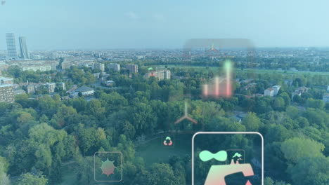 animación de iconos digitales sobre el paisaje urbano