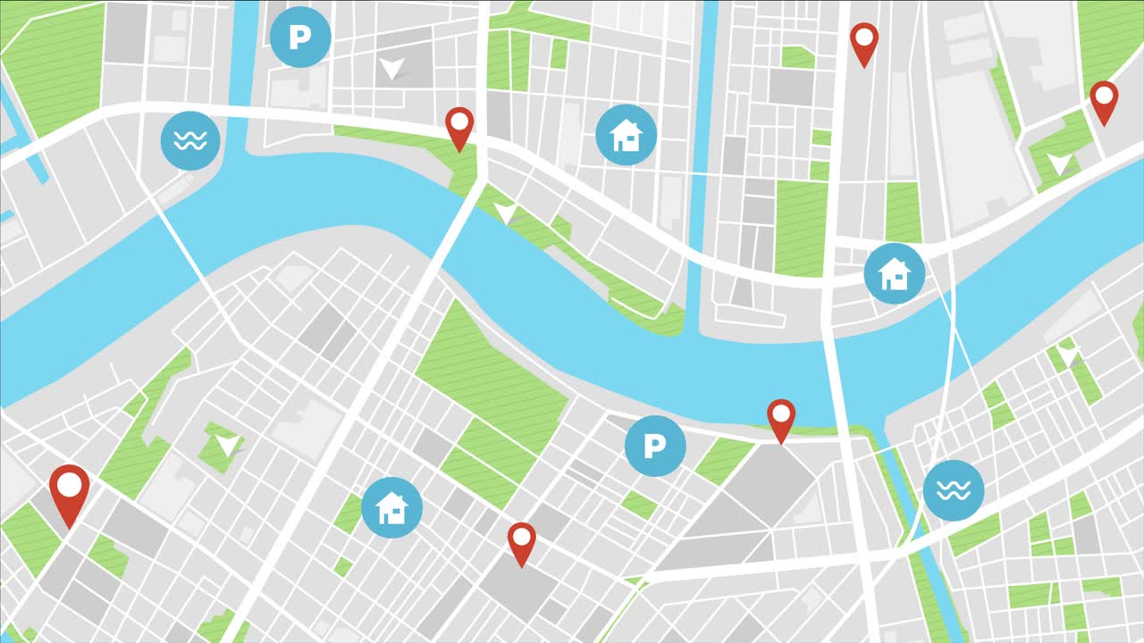mapa de la aplicación de teléfono inteligente con pines de gps ciclo de animación/ animación 4k de una pantalla de la aplicación