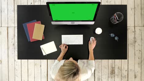 joven mujer de negocios atractiva usando una computadora mientras trabaja en la oficina. pantalla verde muestra de maqueta