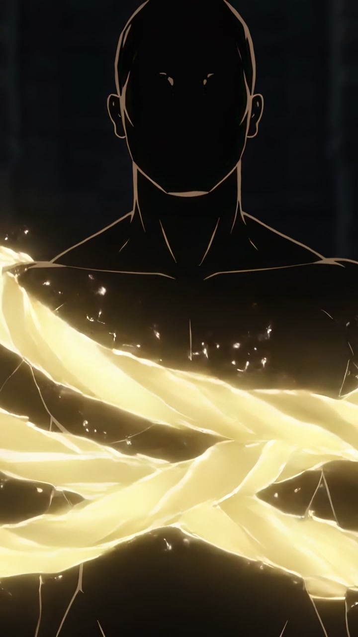 Male figure in chamber center, golden ribbon emerging left wrapping torso, powering technology demo