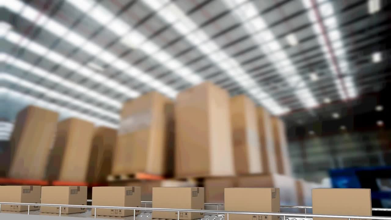 Animation of cardboard boxes on conveyor belt in warehouse