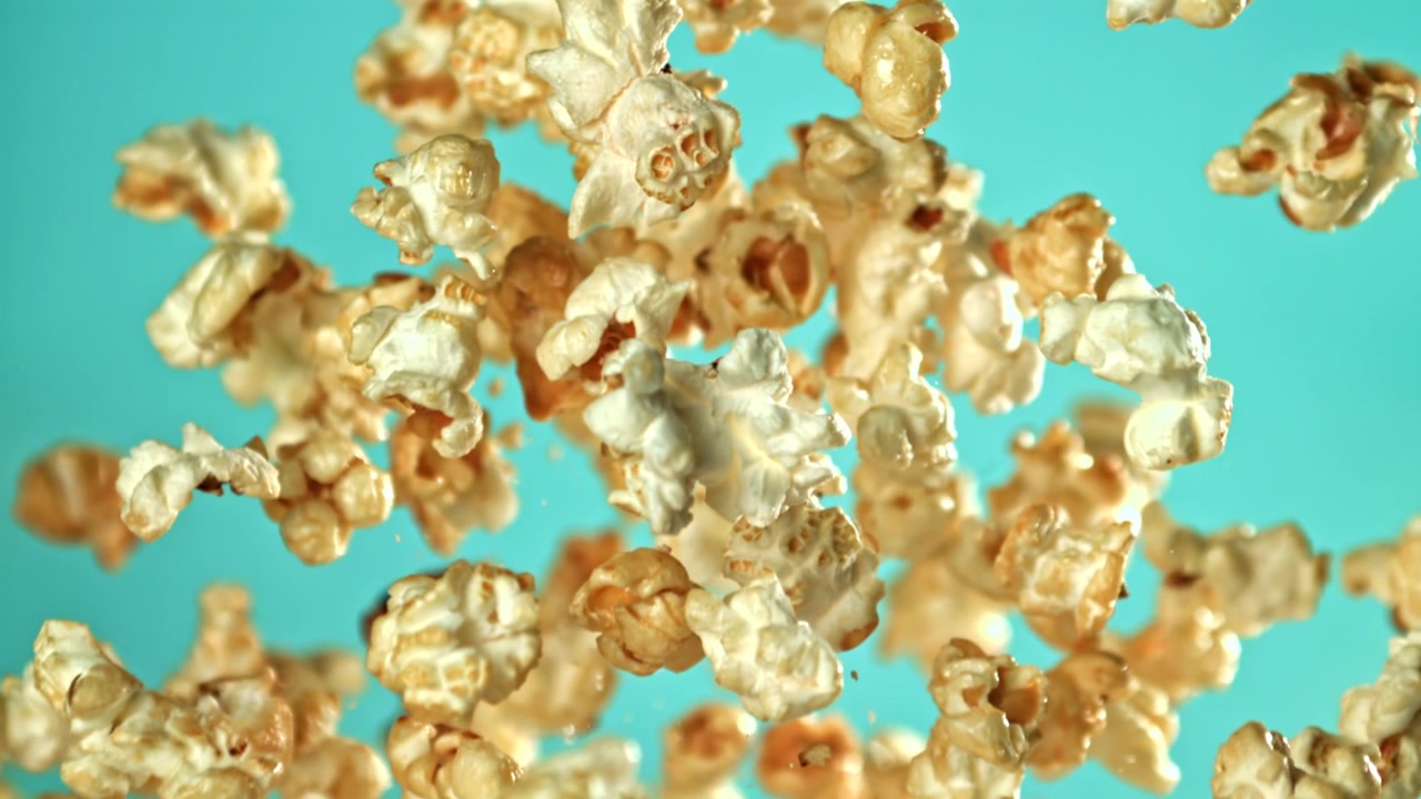 Popcorn dorati che esplodono verso l'alto su uno sfondo blu