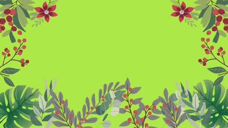 Animation-of-frame-of-foliage-with-red-flowers-and-berries-on-green-background