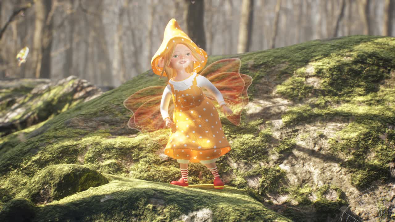 un elfo encantador y alegre está bailando una danza ardiente en una piedra verde en un bosque soleado de verano. concepto de magia de hadas elfo. la animación loopable es para fantasía, fabulosos o fondos para niños.