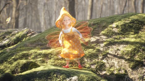 a cute cheerful elf is dancing a fiery dance on a green stone in a summer sunny forest. fairy elven magic concept. the loopable animationis for fantasy, fabulous or children's backgrounds.