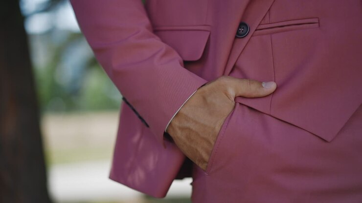 Stylish man wearing tuxedo puts hand into pocket in park