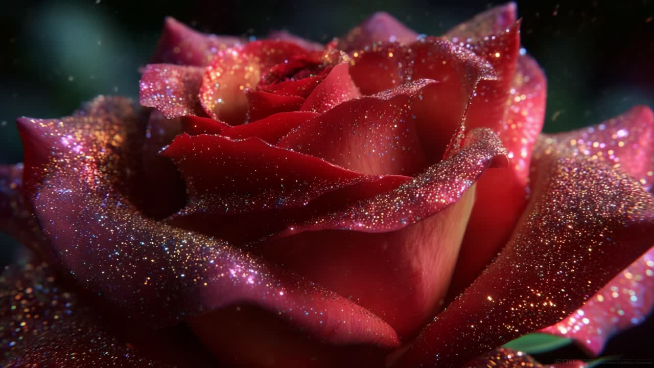 A Stunning Close-Up of a Beautiful Rose Adorned with Sparkling Glitter, Showcasing Its Natural Beauty and Elegance in a Dreamy, Ethereal Environment Filled with Soft Light and Magical Particles