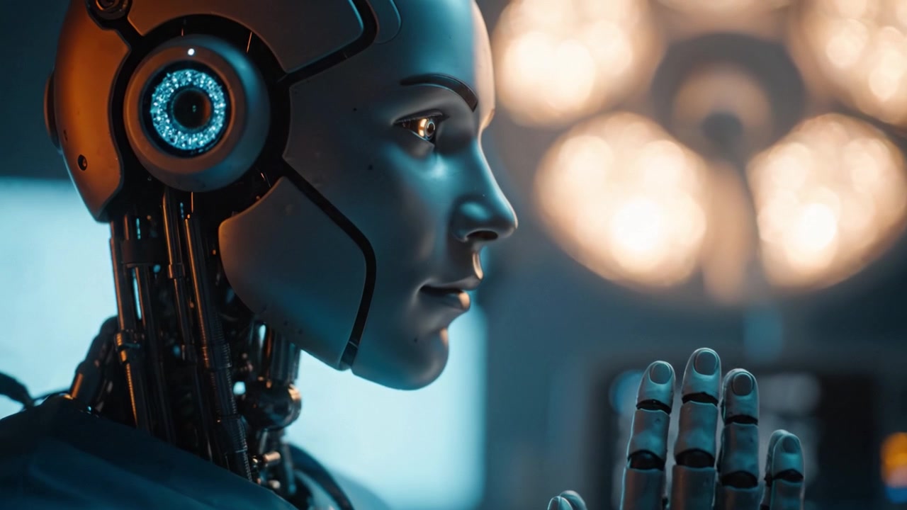 A Futuristic Healthcare Robot in a Surgical Environment, Demonstrating Advanced Technology and Precision Capabilities for Modern Medicine and Patient Care Solutions