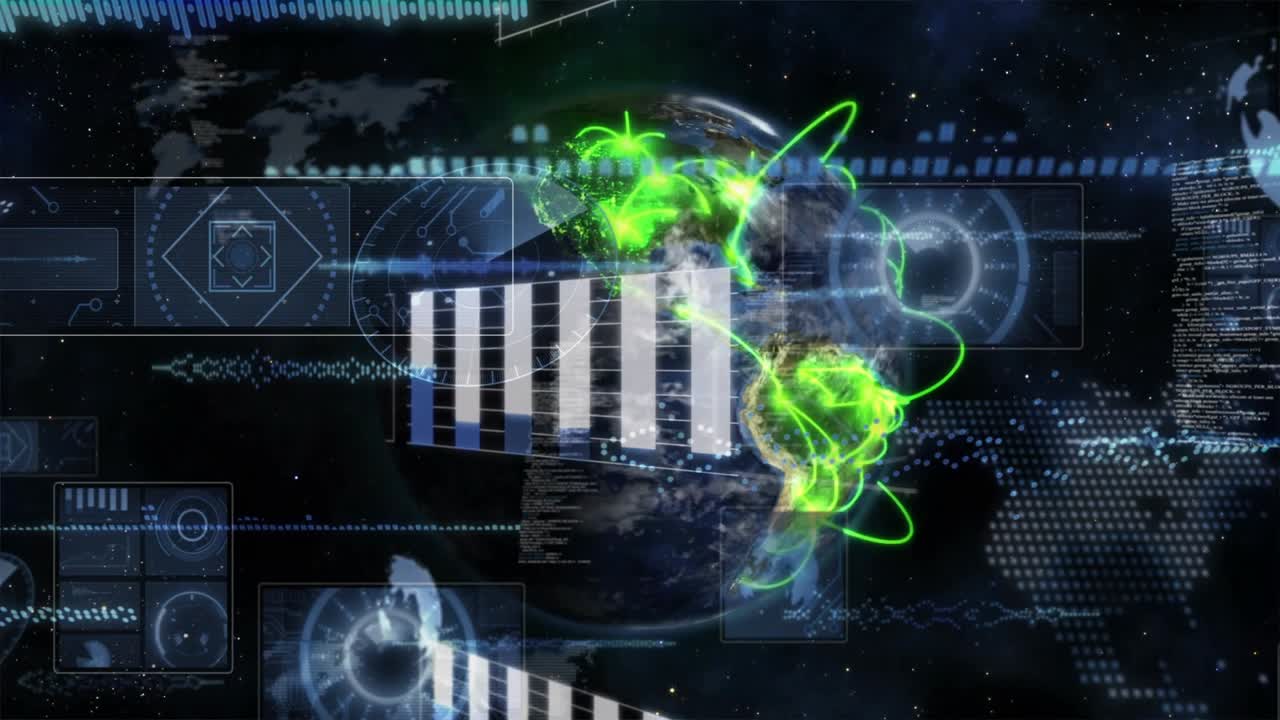 Upon globe appearing, 3D Earth globe rotating while HUD panels building and showing network data