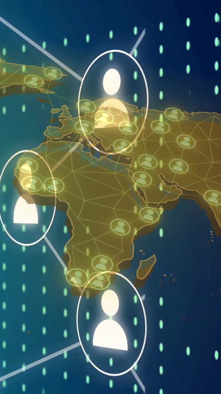 Global network of connections and user icons animation over world map