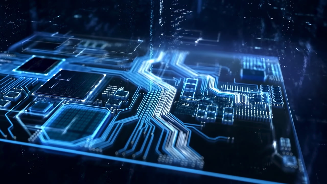 Blue Circuit Board With Glowing Traces And Electric Currents, Closeup Of Layered Pcb Architecture Showing