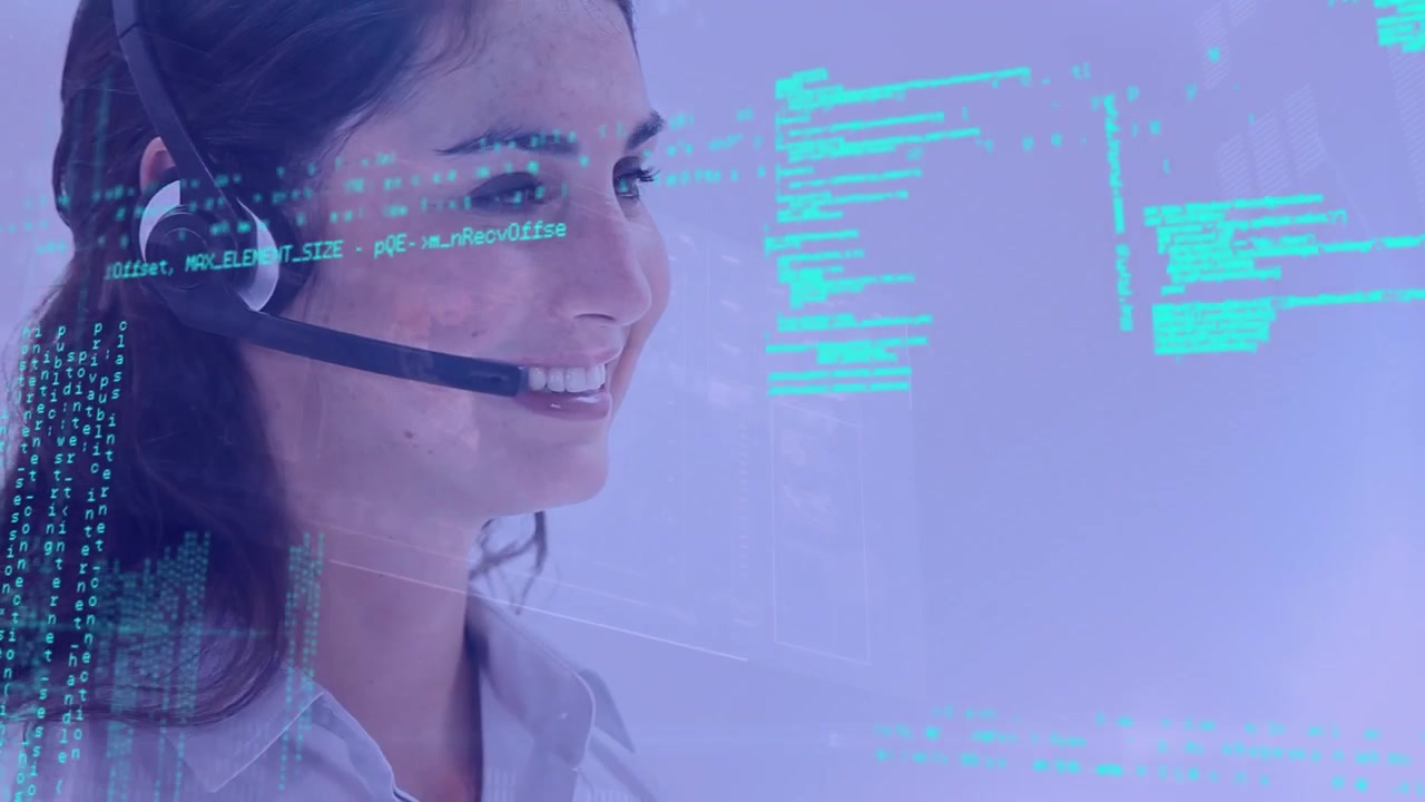Animação de processamento de dados sobre empresária usando fone de ouvido