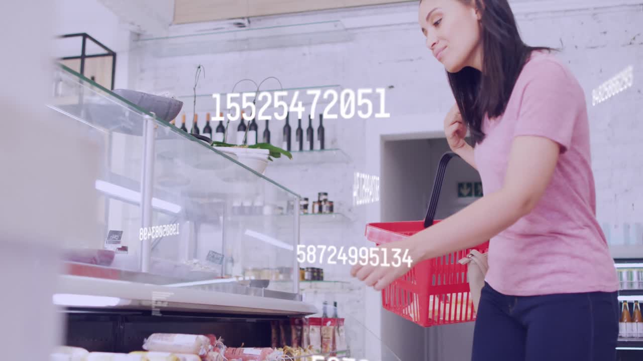 여성 쇼핑에 대한 숫자 및 금융 데이터 처리의 애니메이션