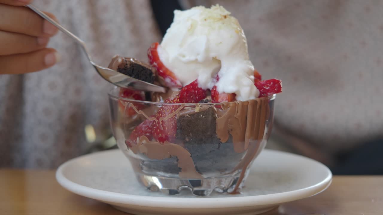 Brownie Dessert with Ice Cream and Strawberries