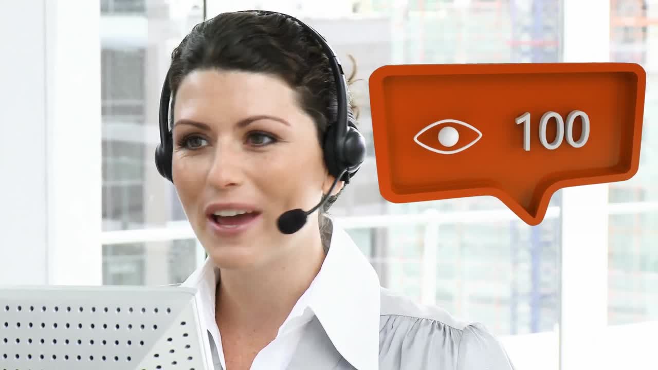 animación de iconos digitales sobre una mujer de negocios usando auriculares de teléfono