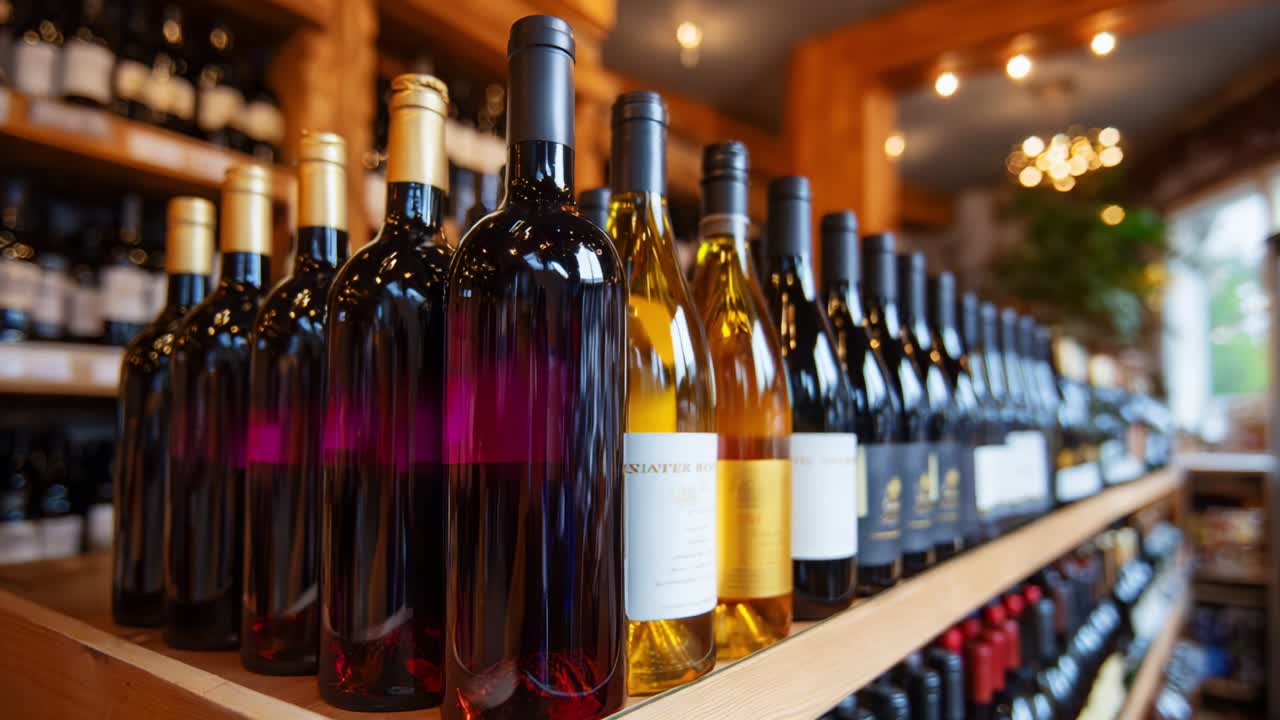 A Vibrant Display of Fine Wines in a Charming Retail Setting, Showcasing Various Distinct Bottles with Unique Labels and Colors, Perfect for Enthusiasts and Casual Drinkers Alike in an Inviting Atmosphere