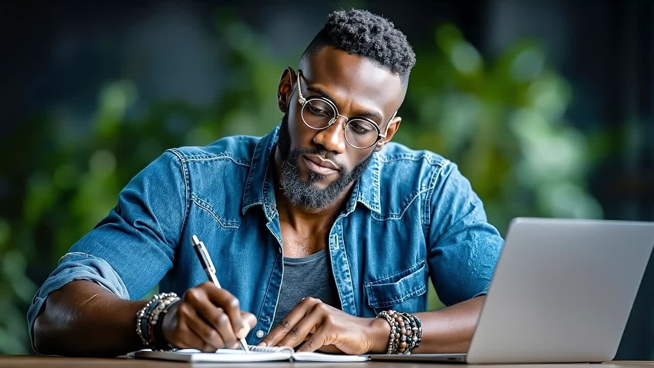 A man sitting at a table with a laptop and a pen in his hand