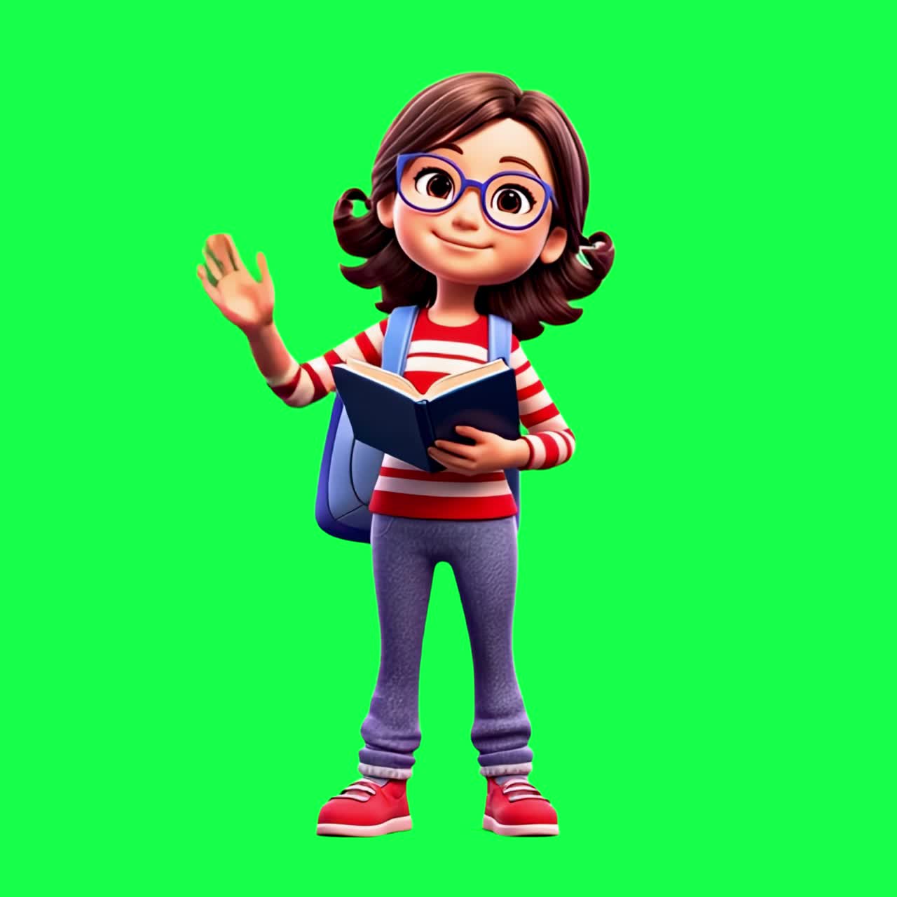 Animated girl reading book animation, transparent 4K video, green screen