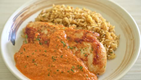 filete de pollo a la parrilla con salsa de curry rojo y arroz - estilo de comida musulmana
