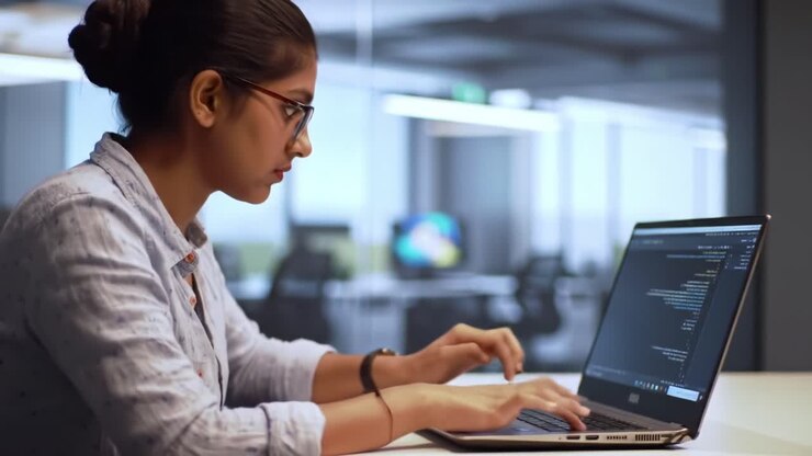 Focused Programmer Delivers Innovative Coding Solutions in Modern Office Environment, Showcasing Technical Expertise and Dedication to Software Development