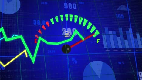 Animación-Del-Calibre-Del-Automóvil-Y-Procesamiento-De-Datos-Financieros-Sobre-Fondo-Azul