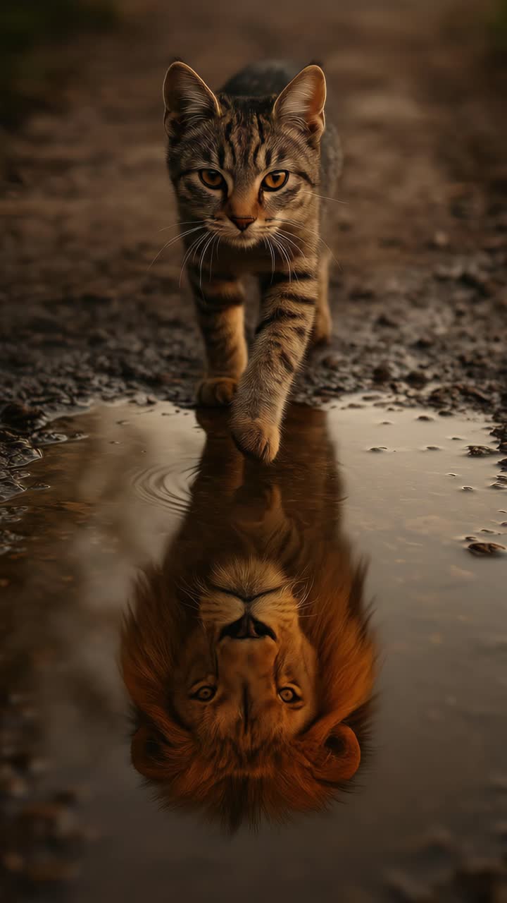 Un gatto cammina su un sentiero fangoso e il suo riflesso mostra un leone. Questa immagine è scattata da un angolo basso.