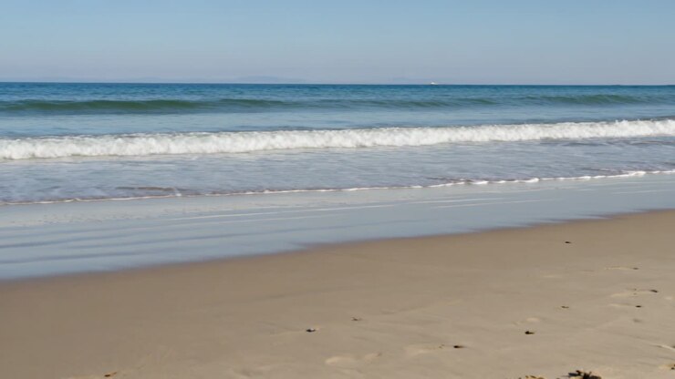 Vagues littorales en mouvement venant de l'horizon, déferlant sur la plage de sable et montrant des empreintes de pas.