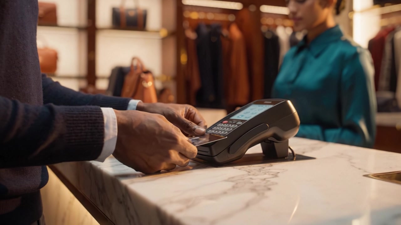 A close-up of a hand using a credit card terminal at a luxurious retail store, showcasing advanced payment technology and high-quality merchandise in the background.