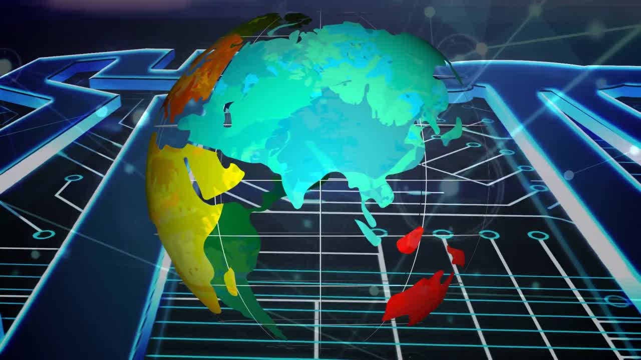 animación de la red de conexiones y el globo sobre fondo oscuro