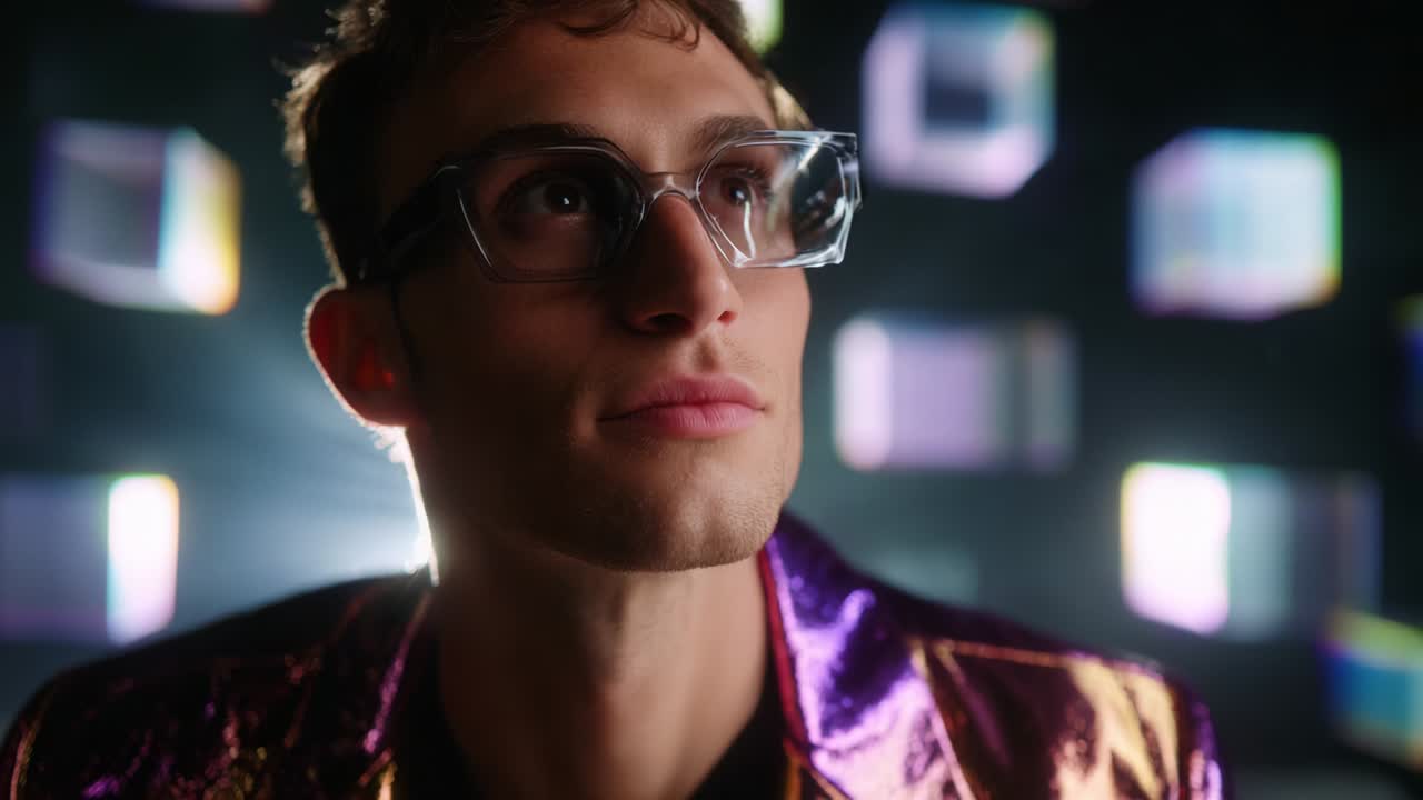 A contemplative young man dressed in a shiny purple outfit and stylish glasses gazes thoughtfully upwards, illuminated by colorful reflections in a darkened background, exhibiting a sense of aspiration and wonder