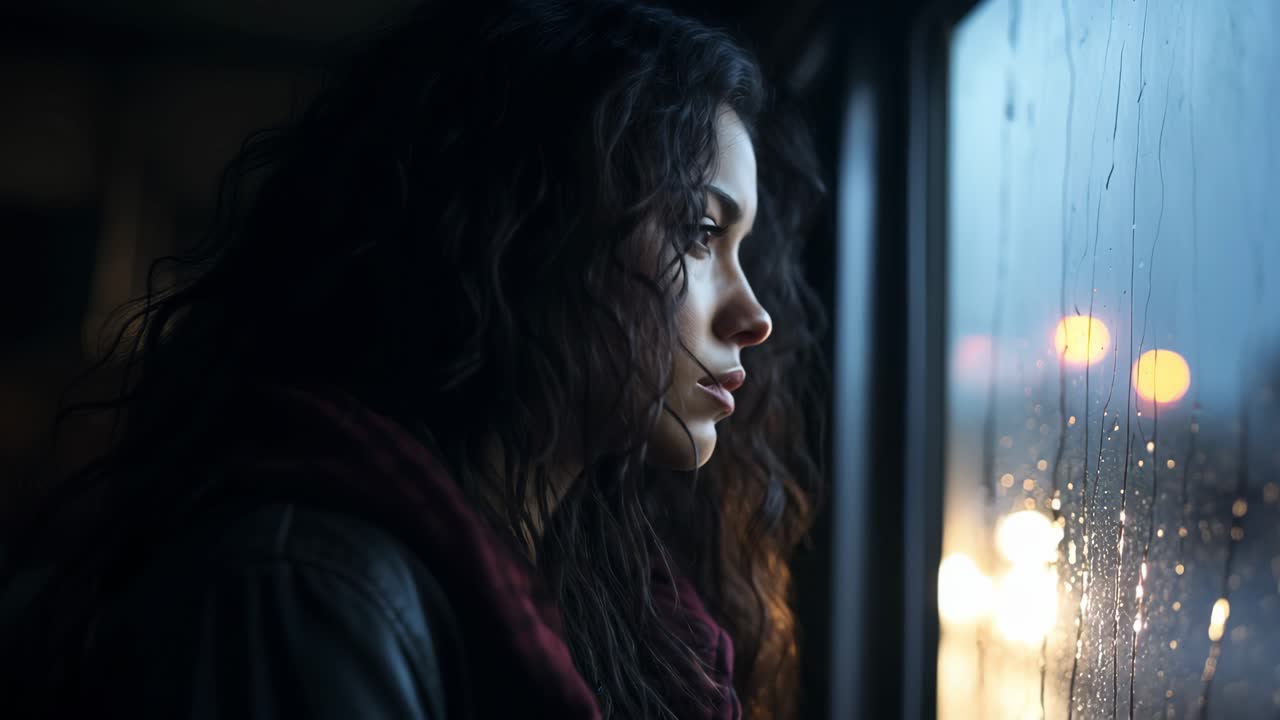 Pensive young woman with curly hair looking out of a window on a rainy day, observing the city lights blurred by the raindrops running down the glass