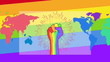 animation of world map over rainbow fist on rainbow background