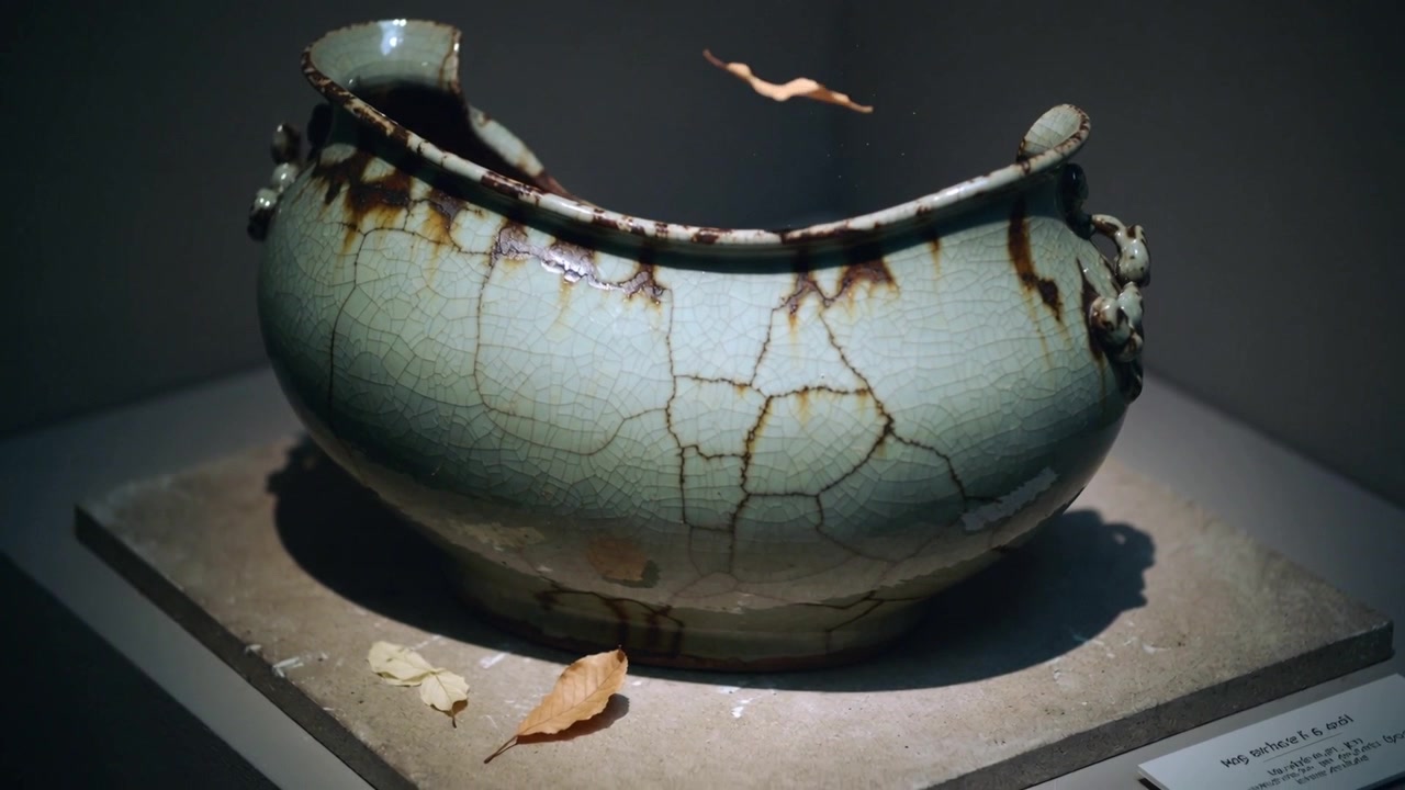 Drifting small dry leaf crossing front of celadon-glazed vessel on museum plinth, casting shadow
