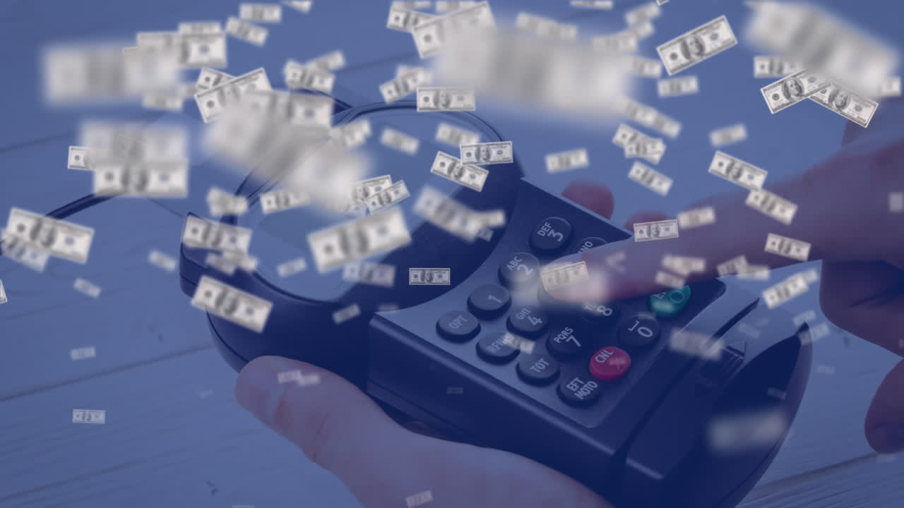 animación de billetes de dólares estadounidenses que caen sobre la terminal de pago