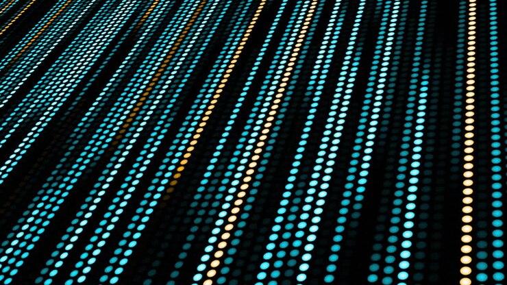 Animation of blue and yellow dotted light trails moving in hypnotic motion on seamless loop