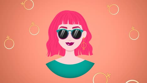 animation of woman wearing sunglasses, over falling female symbol
