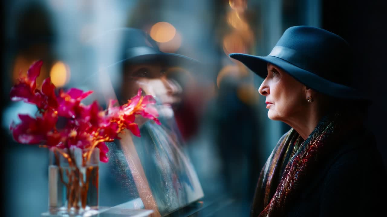 Contemplative Elegance: A Woman in a Hat Gazing Out of a Window While Surrounded by Vibrant Flowers and Soft Reflections, Evoking Moments of Reflection and Serenity