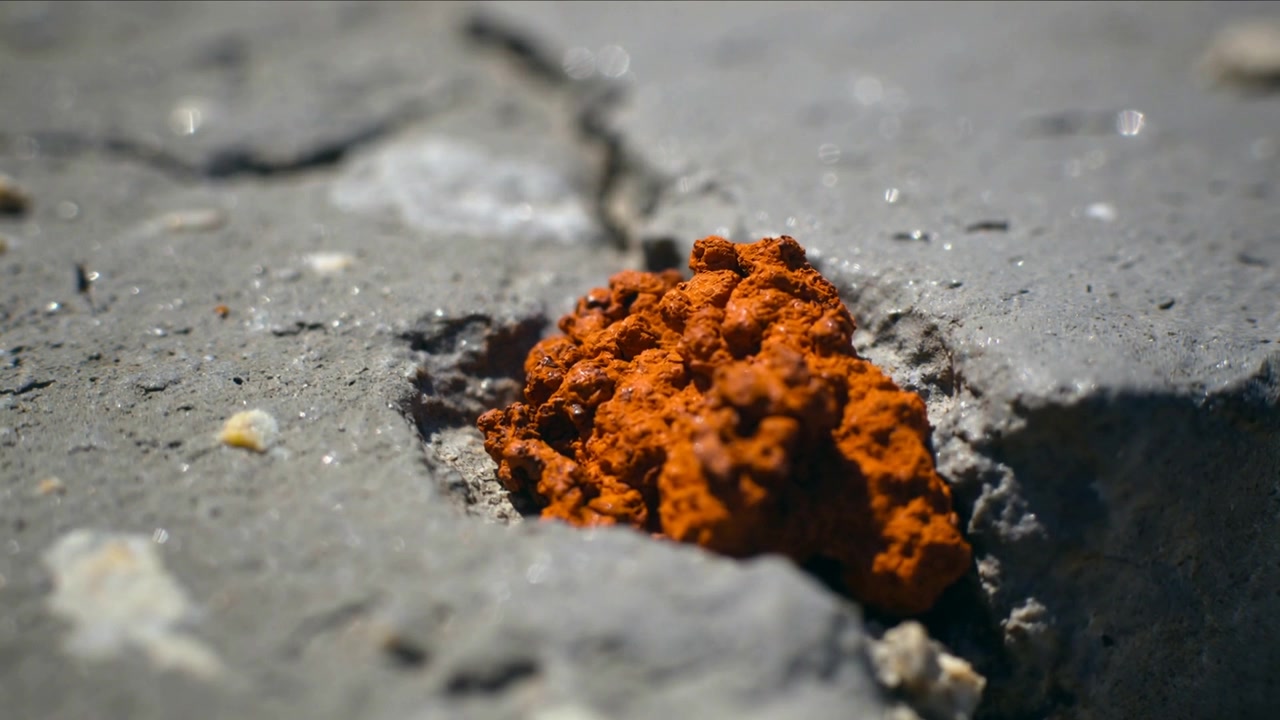 Avvicinandosi, la telecamera mostra un deposito grumoso arancione brillante in una cavità di cemento, rivelando la consistenza