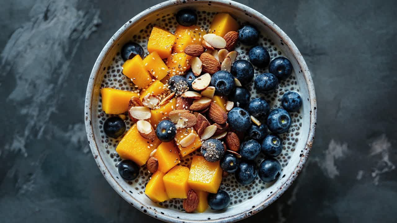 Mangkuk Puding Chia Sehat dengan Blueberry dan Mangga
