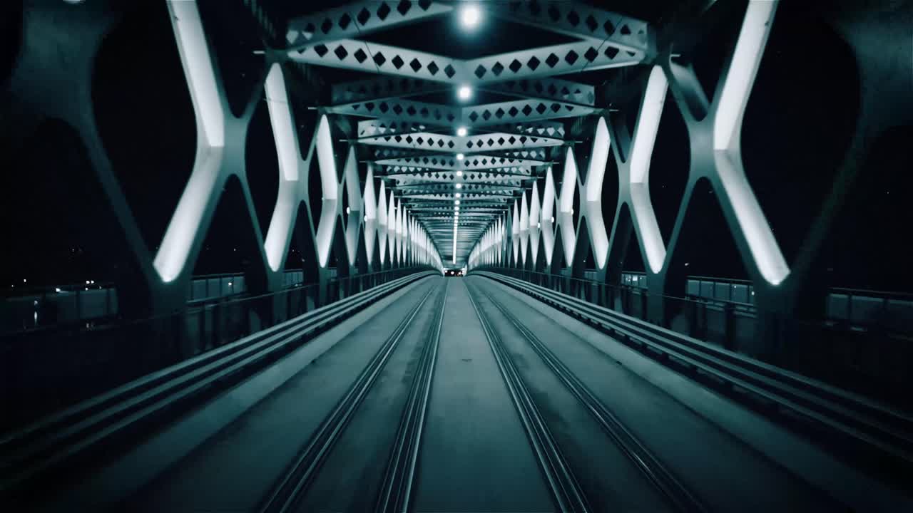 Night reverse flight through a steel tram-train bridge