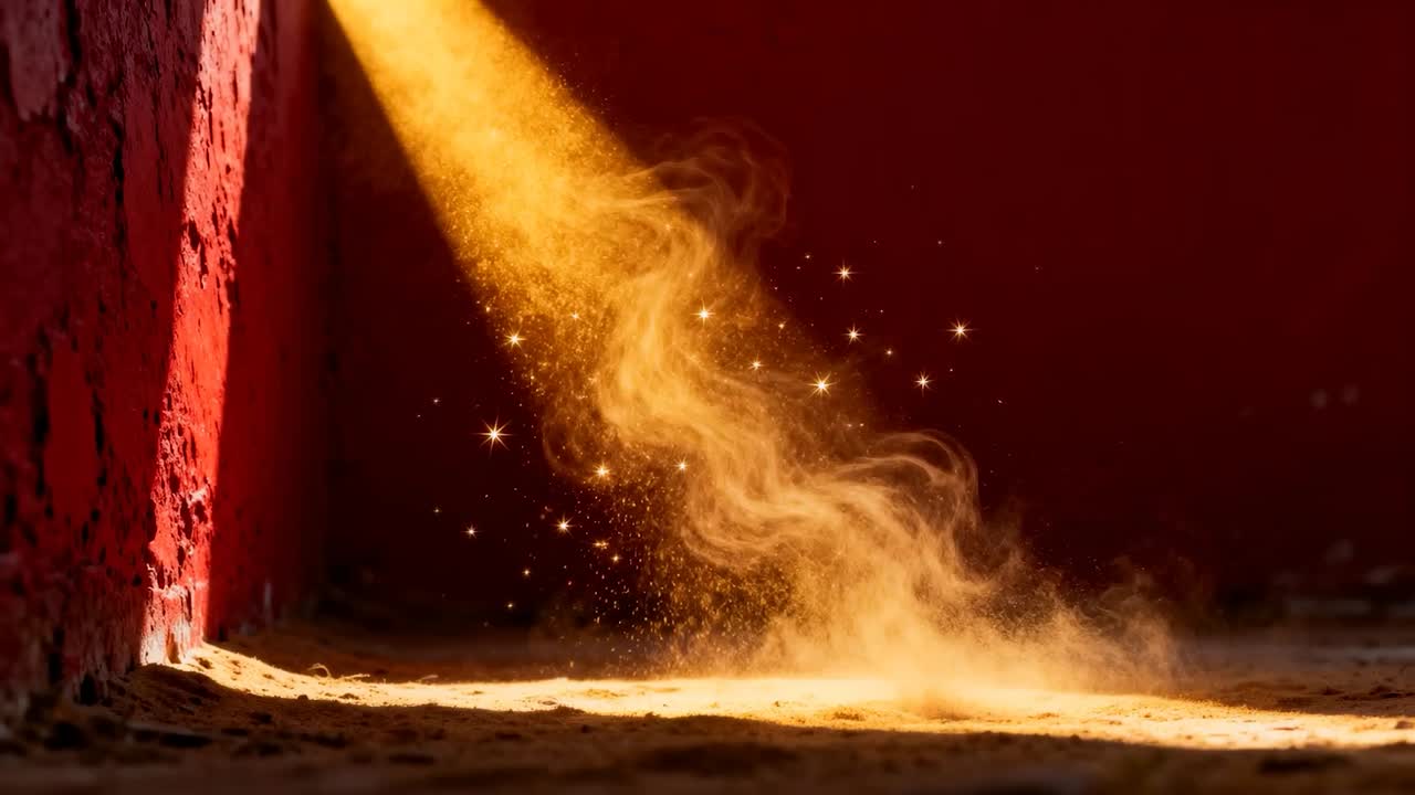 Входящий золотой свет, поднимающий песок и образующий спиральный пылевой столб с пылинками на полу возле красной стены