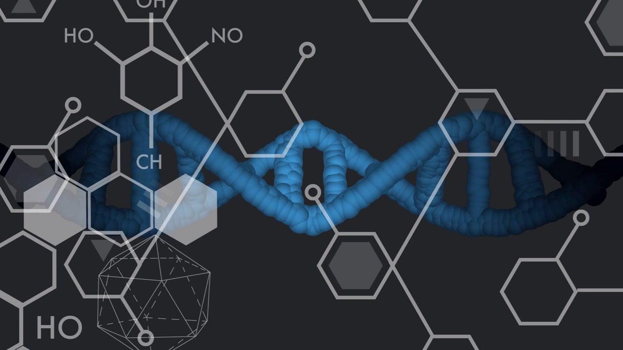 In loop, elica di DNA blu che si attorciglia, si comprime, esagoni che si muovono, poliedri che si spostano, mostrando i legami molecolari
