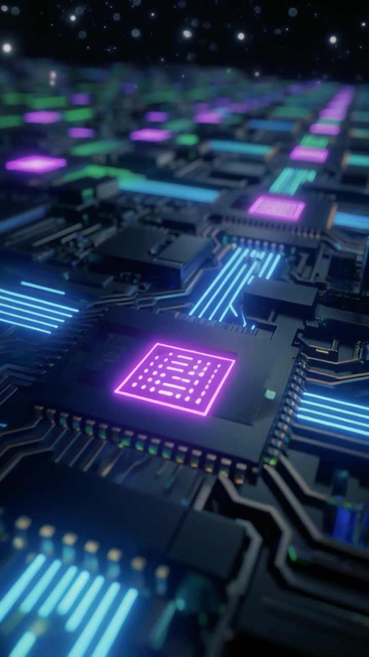 Futuristisk digitalt printkort med glødende datastrømme
